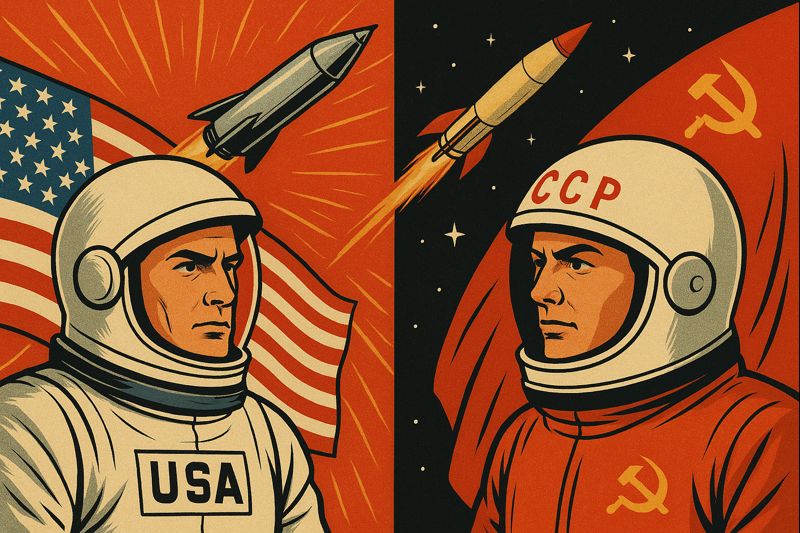 Illustration evoking the USA–USSR space race