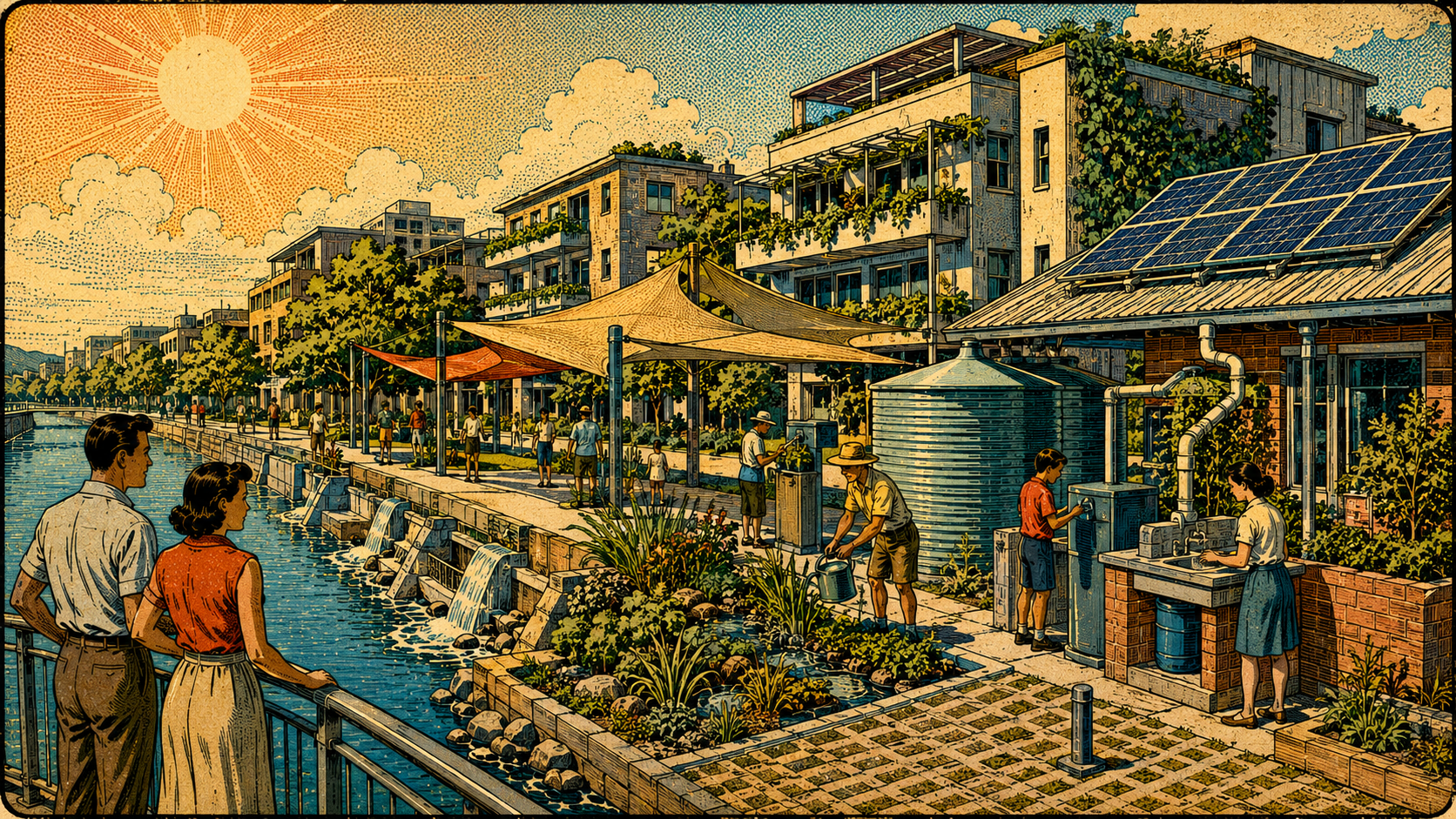 Retro illustrated neighbourhood adapting buildings and water systems for climate resilience