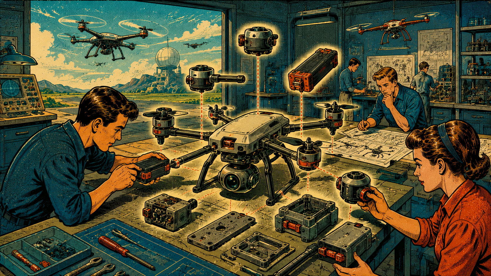 Retro illustrated modular drone engineering workshop